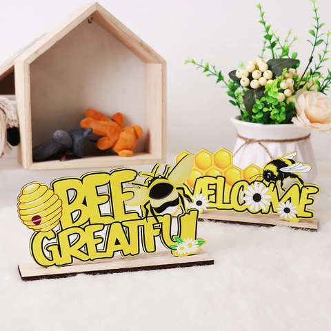 Holz Biene Thema Schreibtisch Ornament Wabe Blume Design Bee Happy Bee Grateful Welcome Schild Für Home Office Dekoration