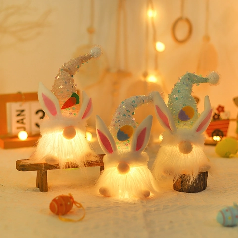 Gnomo di Pasqua di Peluche Con Luce LED Paillettes Orecchie da Coniglio Bambola Senza Volto Decorazione da Tavolo per Festa Ornamento Casa Regalo