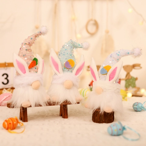 Gnomo di Pasqua di Peluche Con Luce LED Paillettes Orecchie da Coniglio Bambola Senza Volto Decorazione da Tavolo per Festa Ornamento Casa Regalo