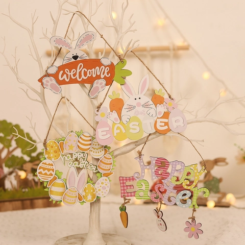 Ostern Holz Hase Hängeschild Welcome Happy Easter Plaque Mit Karotte Ei Für Home Party Indoor Wand Tür Dekoration Plaque