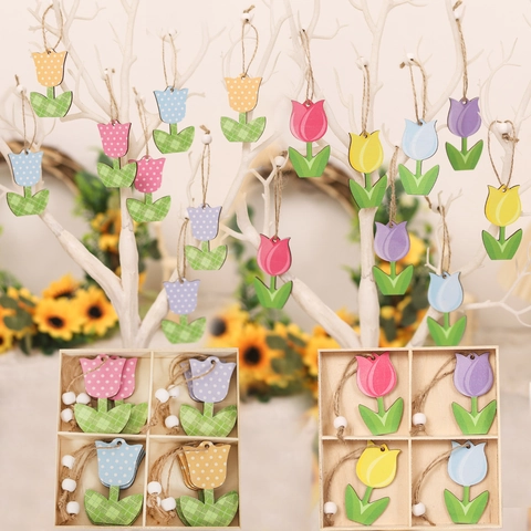 Bunte Holz Tulpen Hängende Ornamente Mit Hanfseil Muttertag Wanddeko Haus Garten Cartoon Blumen Anhänger
