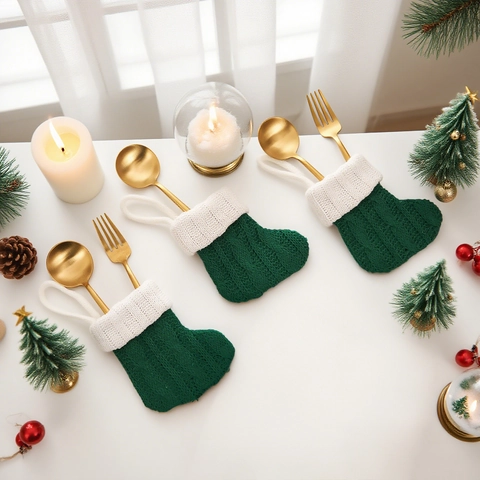 Portaposate a Calza di Natale in Maglia Poliestere Lana a Righe Treccia Decorazione da Tavola per Festa Ornamento Natalizio