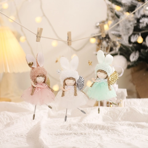 Cute Rabbit Ear Angel Plush Pendant With Glitter Wings Lace Tutu For Christmas Tree Hanging Decoration Girls Gift Fairy Doll