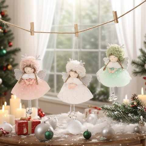 Colgante de Niña Ángel de Navidad Sombrero Cornamenta de Felpa Gasa Encaje Tutú Alas Campanilla Adornos para Decoración de Árbol de Navidad