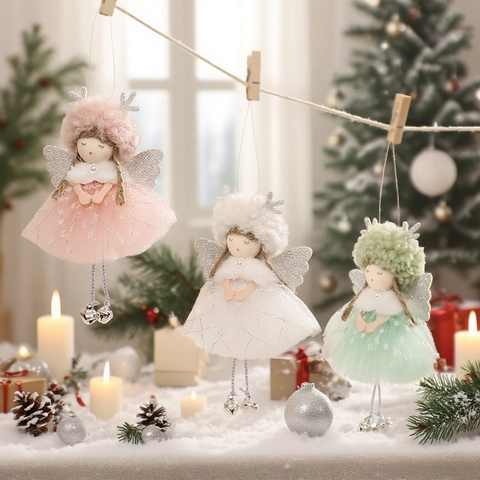 Colgante de Niña Ángel de Navidad Sombrero Cornamenta de Felpa Gasa Encaje Tutú Alas Campanilla Adornos para Decoración de Árbol de Navidad