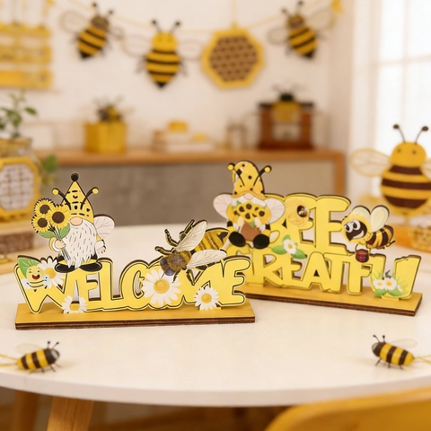 Bee Gnome Wooden Table Sign Welcome Bee Greatful Decorative Sunflower Daisy Desktop Wood Plaque Farmhouse Home Decor