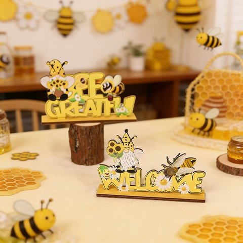 Bee Gnome Wooden Table Sign Welcome Bee Greatful Decorative Sunflower Daisy Desktop Wood Plaque Farmhouse Home Decor