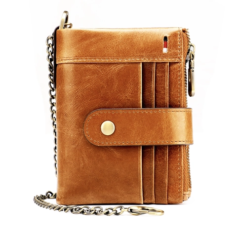 Genuine Leather Men's RFID Blocking Wallet Vintage Cowhide Short Purse With Anti-theft Chain Multi Card Slots Zipper Pocket