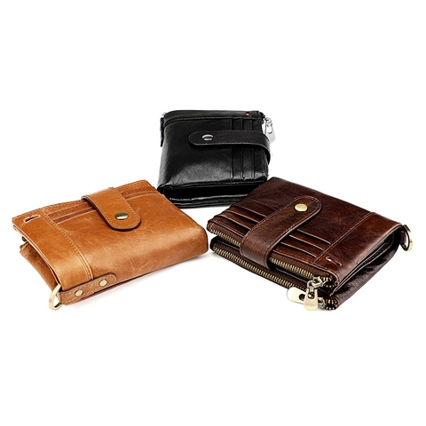 Genuine Leather Men's RFID Blocking Wallet Vintage Cowhide Short Purse With Anti-theft Chain Multi Card Slots Zipper Pocket