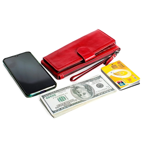 Portafoglio Lungo In Pelle Bovina Da Donna Con Protezione RFID E Cerniera Pochette Elegante Con Cinturino Da Polso Multifunzionale