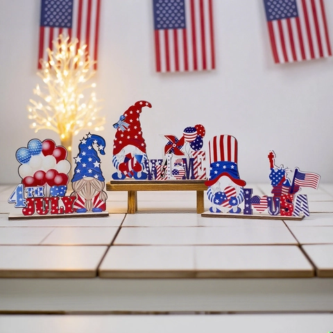 Ornement de Table en Bois Jour Indépendance USA Gnome Patriotique Décoration Bureau Rouge Blanc Bleu Welcome USA