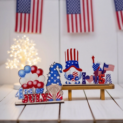 Ornement de Table en Bois Jour Indépendance USA Gnome Patriotique Décoration Bureau Rouge Blanc Bleu Welcome USA