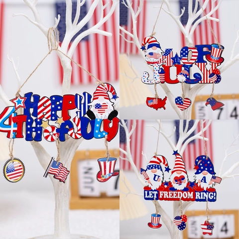 Ornamento Appeso in Legno Gnomo Giorno Indipendenza Decorazione Festa Nazionale Americana Rosso Bianco Blu USA Segnale Parete