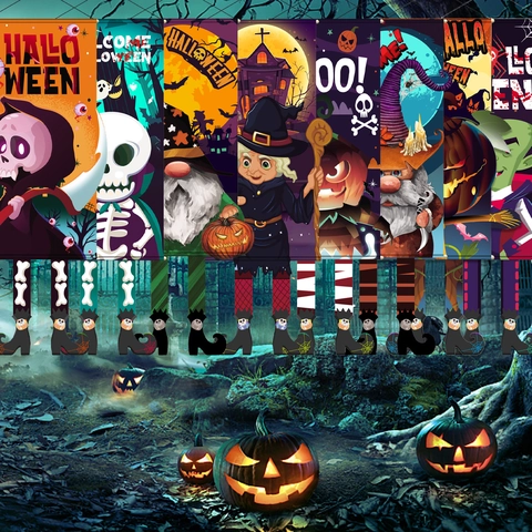 Banderole d'Halloween à Jambes Pendantes Dessin Animé Citrouille Squelette Sorcière Fantôme Vampire Décor Pour Cour Extérieure Porche Fête