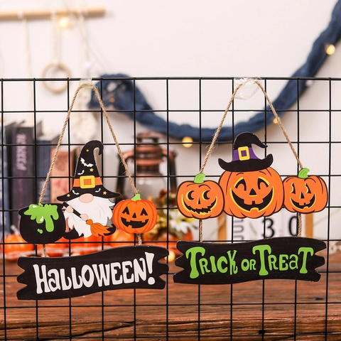 Cartel Colgante Puerta Halloween Madera Calabaza Gnomo Trick Or Treat Placa Pared Decoración Fiesta Madera Contrachapada Adorno Sombrero Bruja