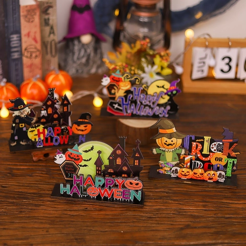 Ornements de Bureau en Bois pour Halloween Trick Or Treat Happy Halloween Décorations de Table Citrouille Sorcière Fantôme Fête Maison Décor