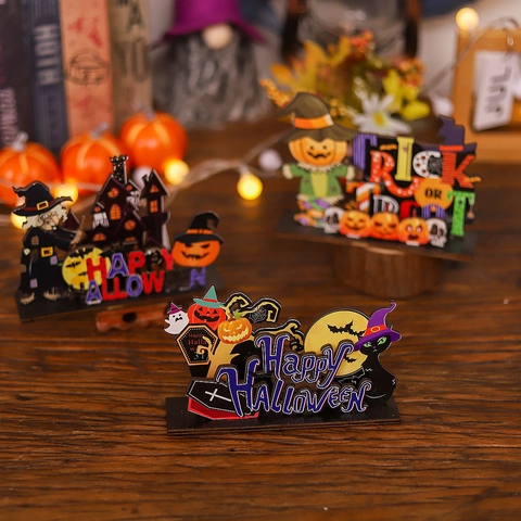Ornements de Bureau en Bois pour Halloween Trick Or Treat Happy Halloween Décorations de Table Citrouille Sorcière Fantôme Fête Maison Décor
