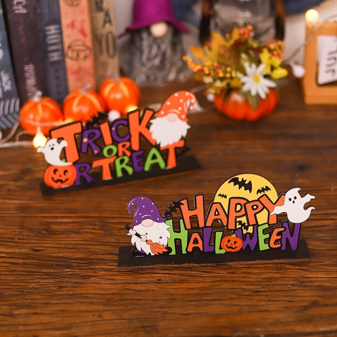 Ornement de Table en Bois pour Halloween Trick Or Treat Happy Halloween Boo Gnome Citrouille Fantôme Décoration de Fête Maison