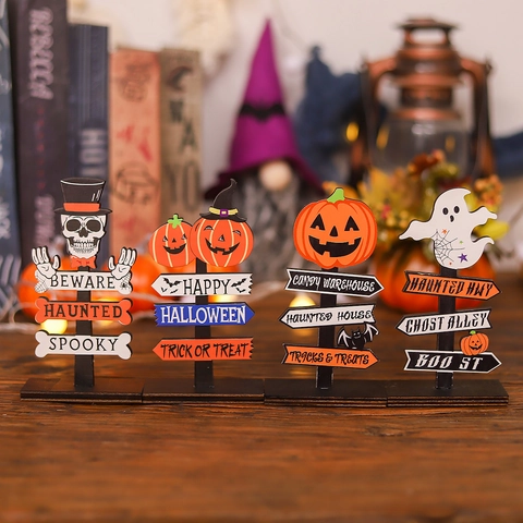 Decoración De Mesa Halloween Madera Calabaza Fantasma Esqueleto Placa Direccional Para Adorno De Escritorio