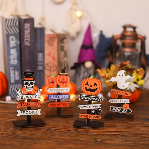 Decorazioni da Tavolo in Legno per Halloween Zucca Fantasma Teschio Cartello Ornamento per Casa Festa Happy Halloween