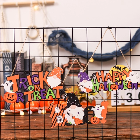 Halloween Hanging Wood Signs Trick Or Treat Happy Halloween Boo Gnome Pumpkin Ghost Wooden Plaques Party Decor Door Home