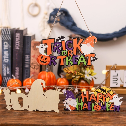 Halloween Hanging Wood Signs Trick Or Treat Happy Halloween Boo Gnome Pumpkin Ghost Wooden Plaques Party Decor Door Home