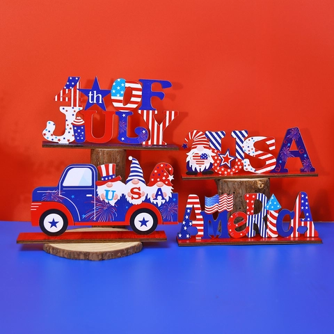 Ornement de Bureau en Bois pour le Jour de l'Indépendance Lettres USA America Gnome Rouge Blanc Bleu Décor de Table