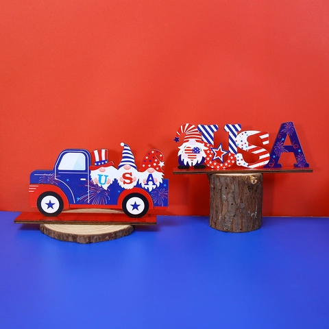 Ornement de Bureau en Bois pour le Jour de l'Indépendance Lettres USA America Gnome Rouge Blanc Bleu Décor de Table