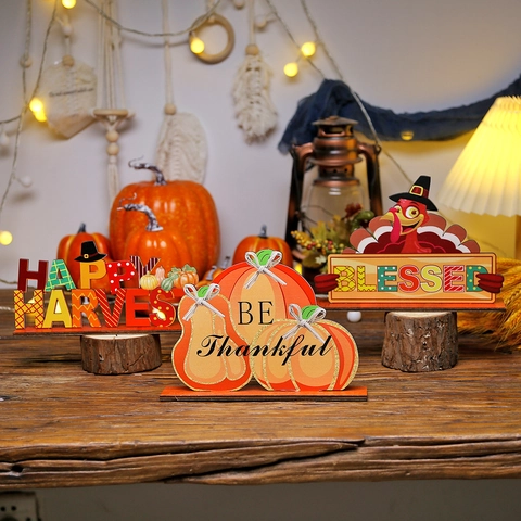 Décoration de Table en Bois pour Thanksgiving Citrouille Dinde Happy Harvest Blessed Signe en Bois pour Festival d'Automne Maison Bureau