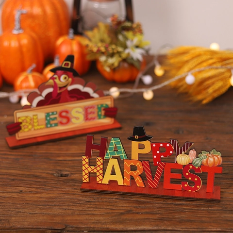 Décoration de Table en Bois pour Thanksgiving Citrouille Dinde Happy Harvest Blessed Signe en Bois pour Festival d'Automne Maison Bureau