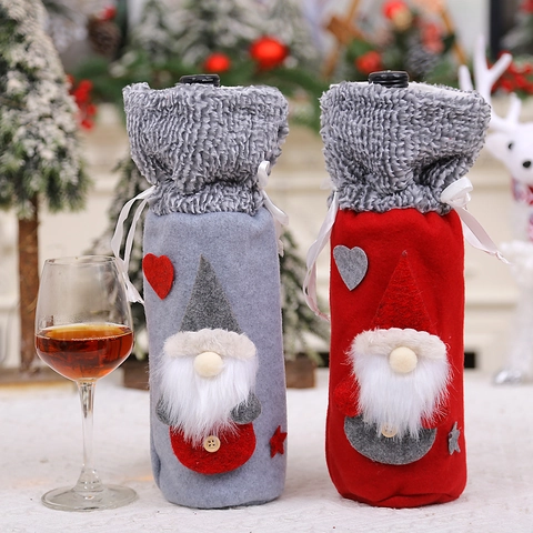Housse de Bouteille de Vin Noël Col en Fourrure Cordon de Serrage Sac à Vin en Velours Rouge Gris Gnome Décor de Table de Noël