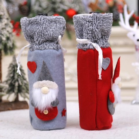 Housse de Bouteille de Vin Noël Col en Fourrure Cordon de Serrage Sac à Vin en Velours Rouge Gris Gnome Décor de Table de Noël