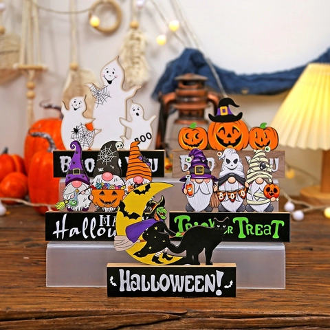 Halloween Bois Ornement De Table Citrouille Fantôme Sorcière Gnome Trick Or Treat Lettres Fête Décoration Bureau Maison