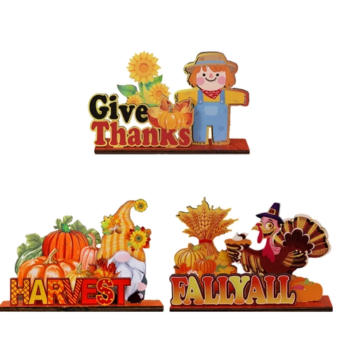 Thanksgiving Houten Tafeldecoratie Give Thanks Harvest Bord Vogelverschrikker Kalkoen Pompoen Voor Herfstfeest Huis Decor