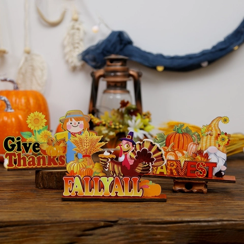 Thanksgiving Houten Tafeldecoratie Give Thanks Harvest Bord Vogelverschrikker Kalkoen Pompoen Voor Herfstfeest Huis Decor