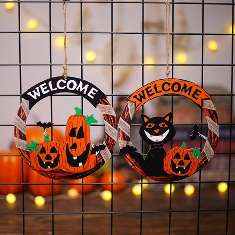 Halloween Wooden Welcome Hanging Sign Pumpkin Black Cat Bat Decor For Home Indoor Outdoor Wall Door Festive Party Ornament