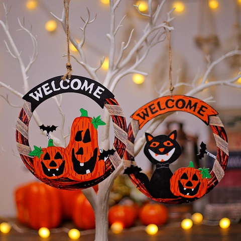Halloween Wooden Welcome Hanging Sign Pumpkin Black Cat Bat Decor For Home Indoor Outdoor Wall Door Festive Party Ornament