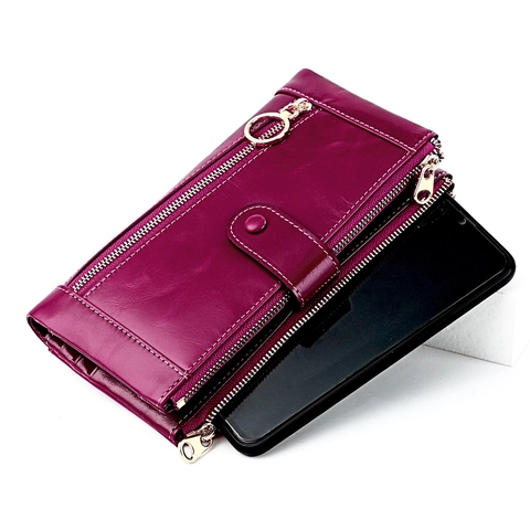 Portafoglio Lungo da Donna in Vera Pelle Blocco RFID Grande Capacità Pochette Portacellulare Multi Slot per Carte Cerniera