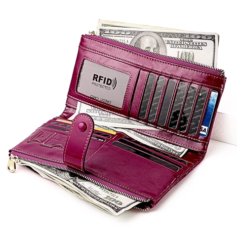 Portafoglio Lungo da Donna in Vera Pelle Blocco RFID Grande Capacità Pochette Portacellulare Multi Slot per Carte Cerniera