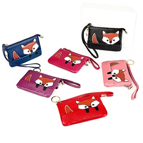 Mini Portamonete da Donna in Vera Pelle con Motivo a Volpe Patchwork Portafoglio con Portachiavi Cinturino da Polso Grana Litchi Piccola Tasca con Zip