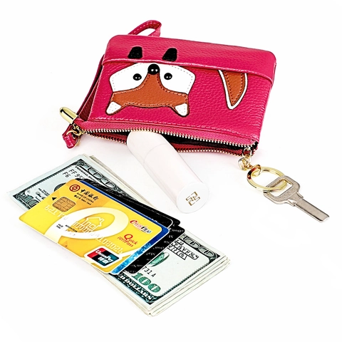 Mini Portamonete da Donna in Vera Pelle con Motivo a Volpe Patchwork Portafoglio con Portachiavi Cinturino da Polso Grana Litchi Piccola Tasca con Zip