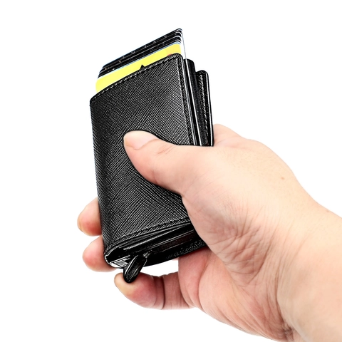 Porte-Cartes Pop-Up Minimaliste avec Blocage RFID Portefeuille pour Hommes Femmes Cuir de Vache Aluminium Étui Automatique pour Cartes de Crédit Business Mince