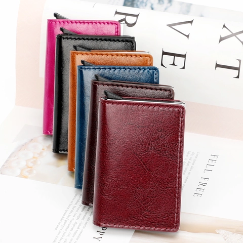 Porte-Cartes Pop-Up Minimaliste avec Blocage RFID Portefeuille pour Hommes Femmes Cuir de Vache Aluminium Étui Automatique pour Cartes de Crédit Business Mince