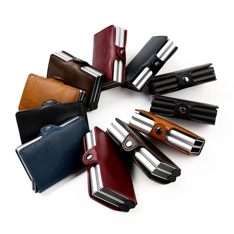 Portacarte Pop-up con Blocco RFID in Lega di Alluminio e Pelle PU Portafoglio Sottile Antifurto per Carte di Credito Mini Portafoglio Business Unisex