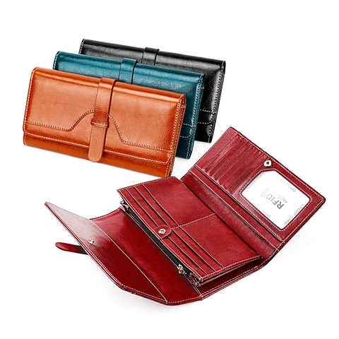 Portafoglio Lungo In Vera Pelle Da Donna Blocco RFID Grande Capacità Pochette A Tre Ante Tasca Per Telefono
