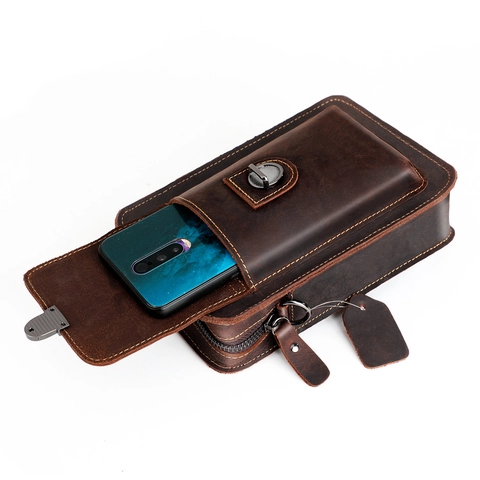 Men's First Layer Cowhide Leather Crossbody Bag Vintage Crazy Horse Leather Waist Pack Multifunctional Phone Pouch Anti-Theft Shoulder Bag