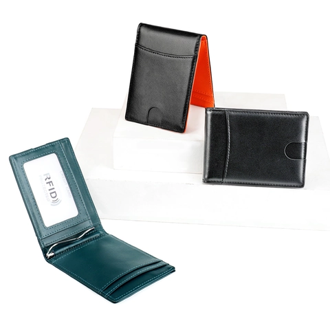 Men Bifold Wallet Genuine Cowhide Leather Slim Money Clip RFID Blocking Credit Card Holder With External Slot Business