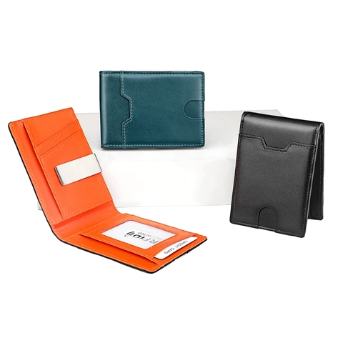 Minimalist Genuine Cowhide Leather RFID Blocking Slim Wallet For Men Women Stainless Steel Money Clip Card Holder Foldable Thin Purse