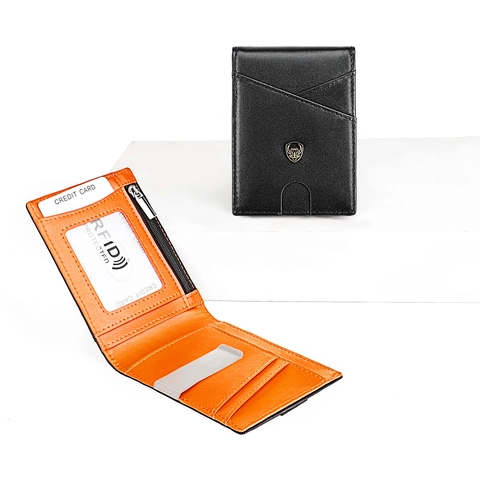 Heren Echt Koeienleer RFID-Blokkering Slanke Opvouwbare Portemonnee Met Metalen Geldclip En Muntvak Met Rits
