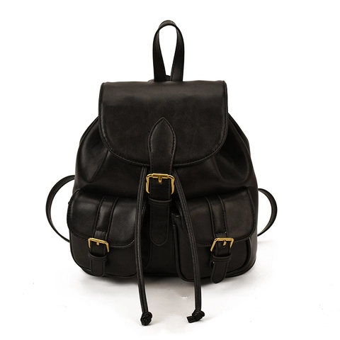 Women Vintage PU Leather Backpack Large Capacity Retro Fashion Travel Daypack Flip Cover Drawstring Closure Schoolbag